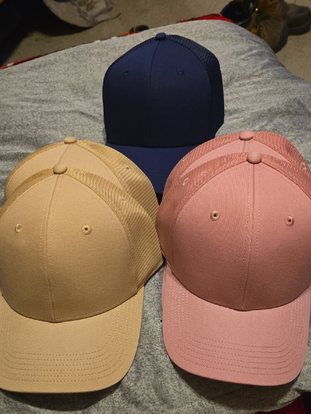 Five-Mesh Back Trucker Caps - Navy, Pink, Tan